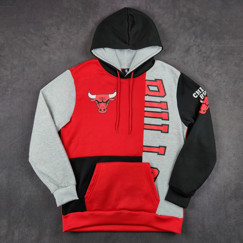 Chicago Bulls NBA Hoodie Mens Medium Red Black Grey‎ Colorblock Graphic Pullover